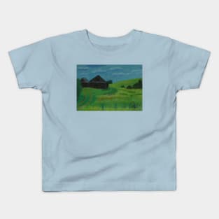 Wooden sheds near a field with red poppies Kids T-Shirt